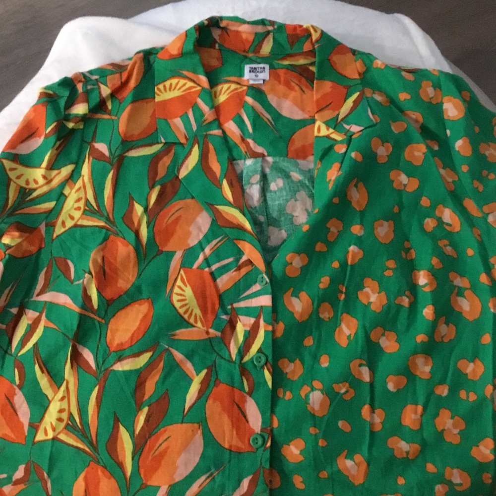 Vibrant Green Button-Down Shirt with Orange Floral Print